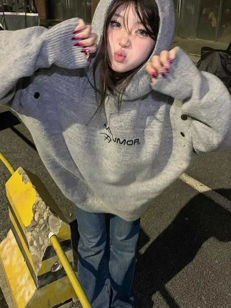 Retro Amerykańska Bluza z Haftem Dzianinowa Jesienno-Zimowa Casualowa Luźna Uniwersalna Bluza dla Par z Włókna Poliestrowego Długi...