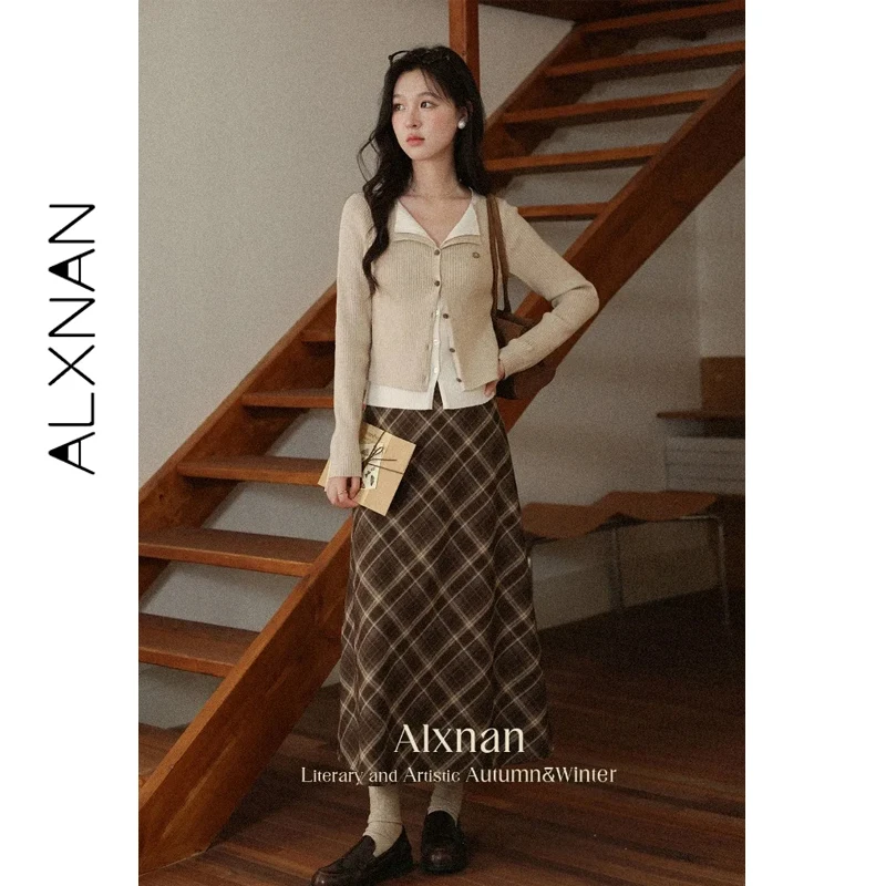 

ALXNAN Women's Knit Cardigan Winter Oatmeal French-style Faux Two-piece Sweater Chic Elegant Long Sleeve Tops Female L56801