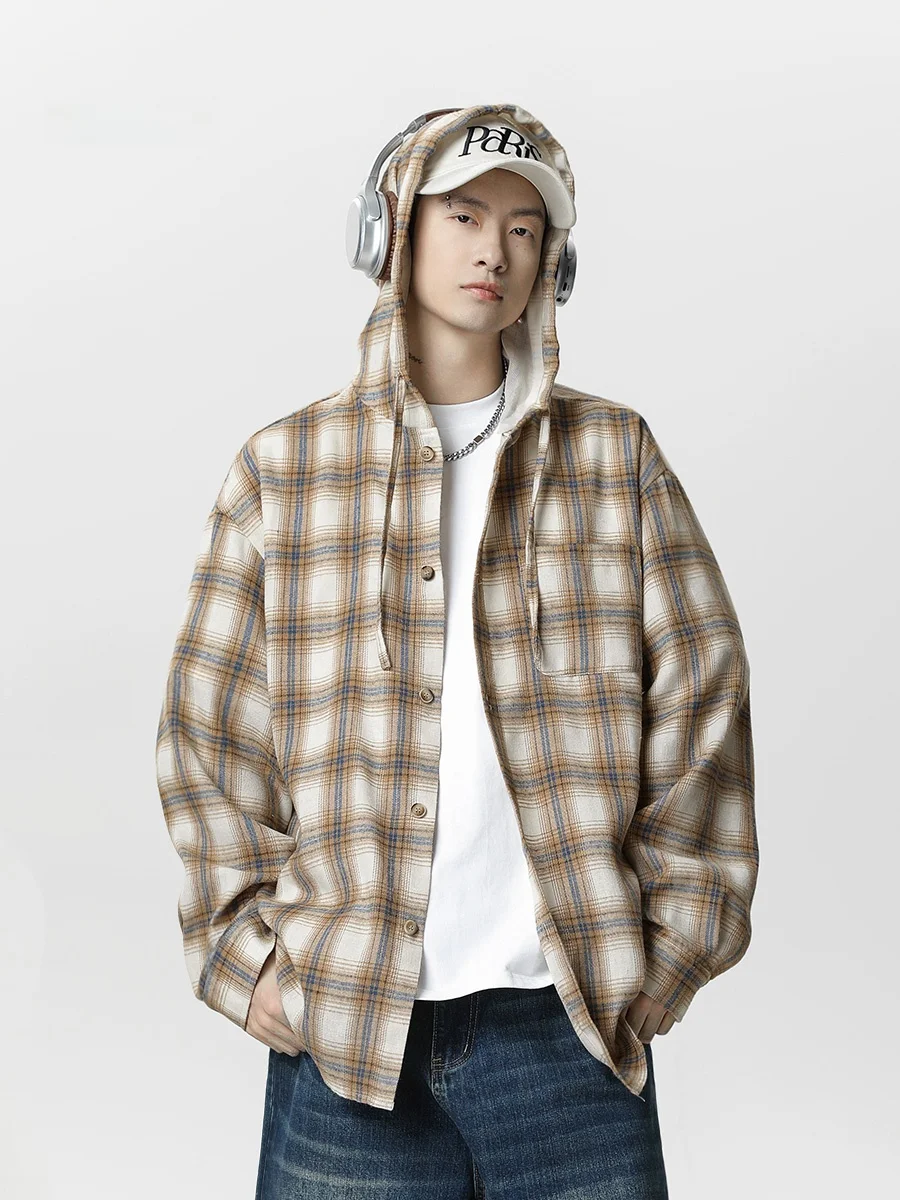 

Wmnm American Retro Plaid irt Men's Long Sve Spring Summer Casual High Sensation Cool Trendy Japanese Sle Outdoor Jaet