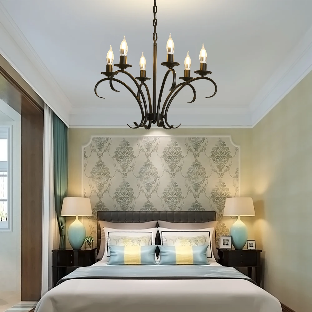 Vintage Wrought Iron LED Chandelier Candle Light Black Metal Lighting Fixture for Living Room Foyer Hanging Pendant Lamp