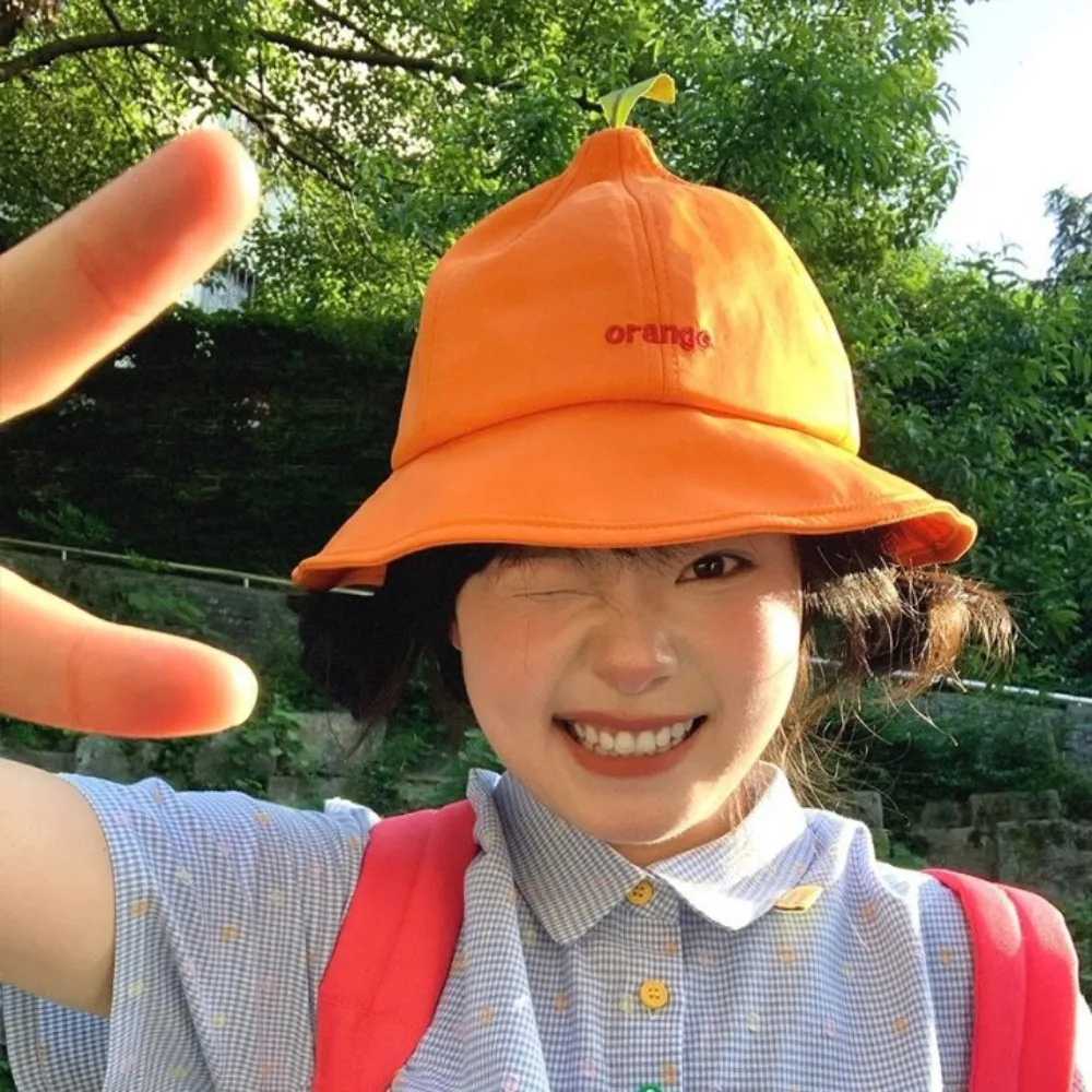 

Quick-dry Orange Fisherman Hat Cotton Cool Creative Orange Bucket Cap Sunscreen UV Protection Embroidered Letter Sun Hat