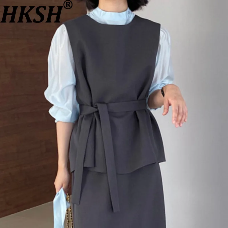 

HKSH Spring Summer New Women Sleeveless Lace-up Suit Tank Top Tide Korean Elegant Sashes Waistcoat Solid Slim Skirts Ins HK12646