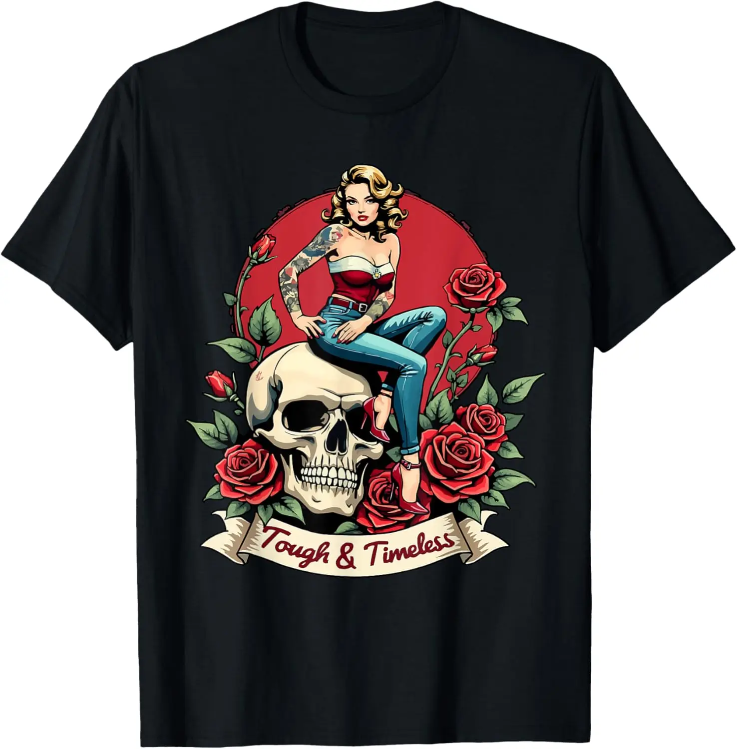 

Tough & Timeless Pinup Skull Roses T-Shirt