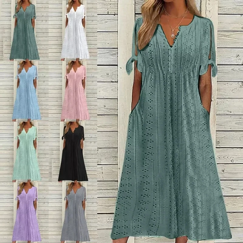 Robe longue brodée à col en V pour femmes, robes maxi décontractées, robe taille haute pour dames, manches courtes, robe de soirée sexy avec poche