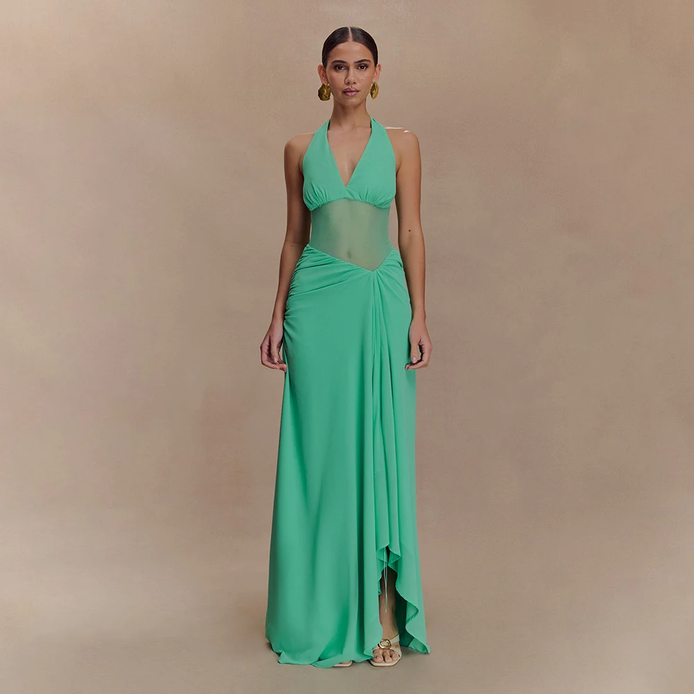 

Mesh Patchwork Ruched Halter Sexy Maxi Dress Women Summer Fashion Backless Bodycon Slim Robes Elegant Club Party Long Dress 2025