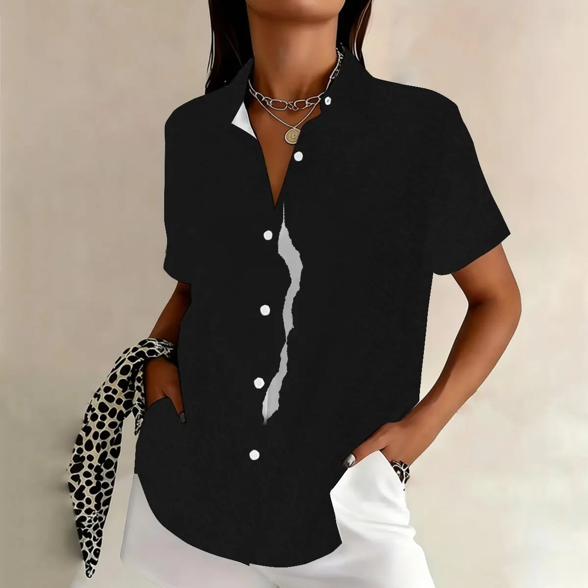 

Женская летняя рубашка больших размеров с коротким рукавом, с неровными волнистыми линиями, стильная и оригинальная, подходит для деловых и общественных мероприятий