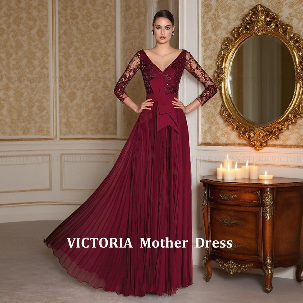 

Customized Burgundy Mother of the Bride Dresses V Neck 3/4 Sleeves Wedding Party Gowns Appliques Floor Length A-Line Chiffon