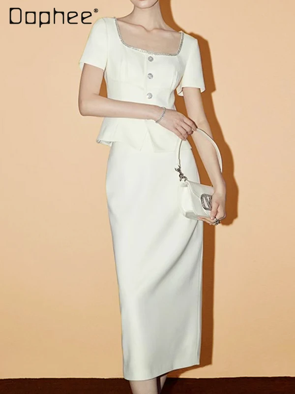 

French Temperament Heavy Industry Rhinestone Bead Evening Dresses High-end Square Neck Short-sleeved A-line Skirt Two-piece Set