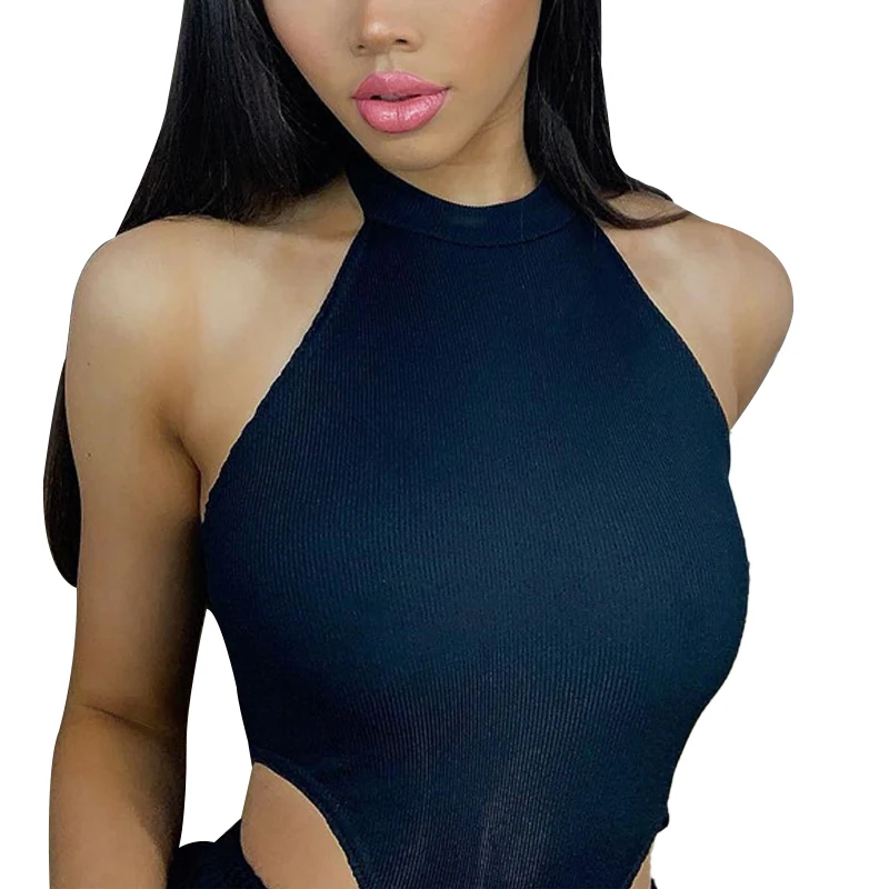 Women s Sexy Sleeveless Halter Romper Vest High Neck Bandage Slim Stretch Bodysuit