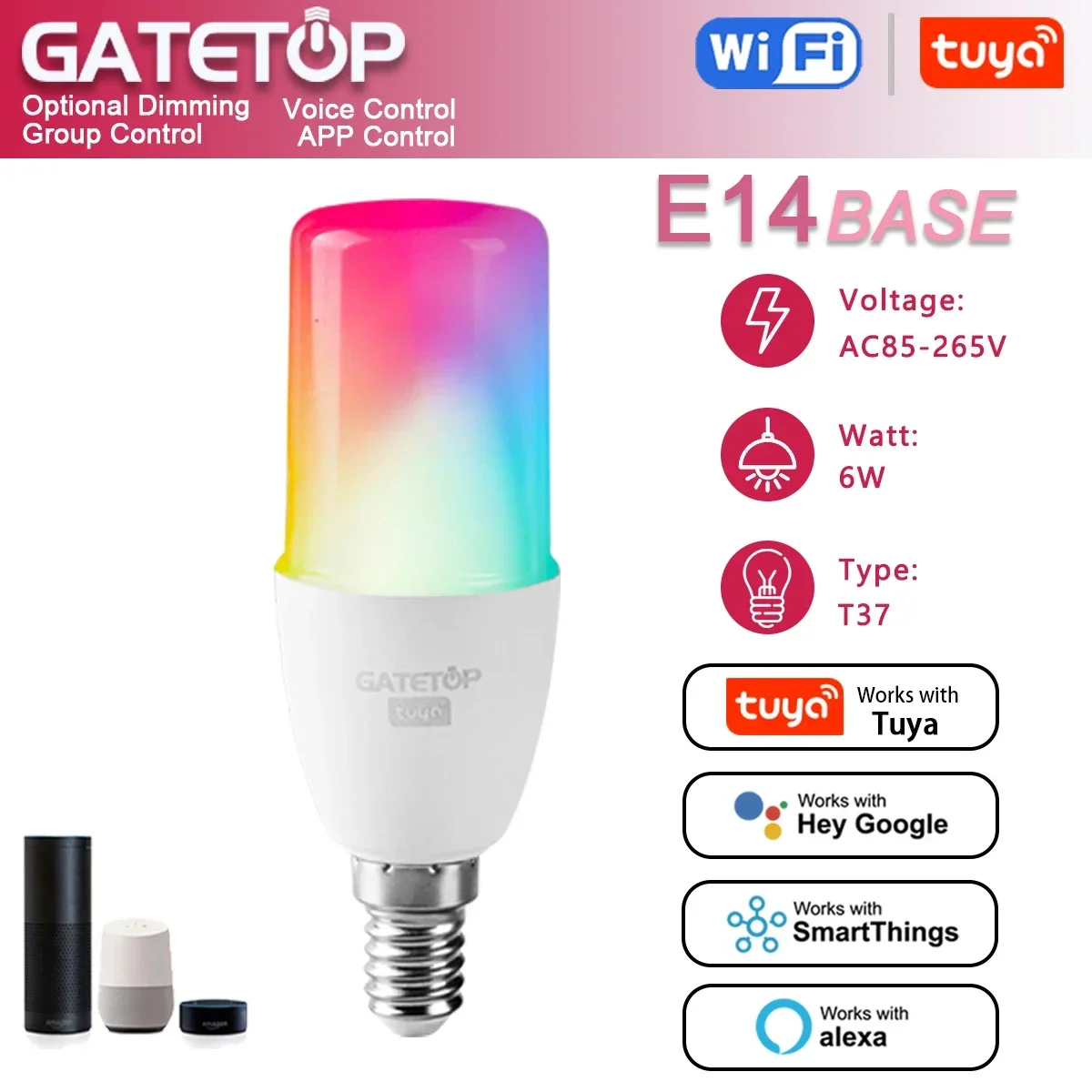 

T37 E14 6W,Bombilla inteligente Tuya Wifi/Bluetooth,Led Alexa RGB 110V 85V-265V,Para Google Assisatnt Smart Life Light Dimmable