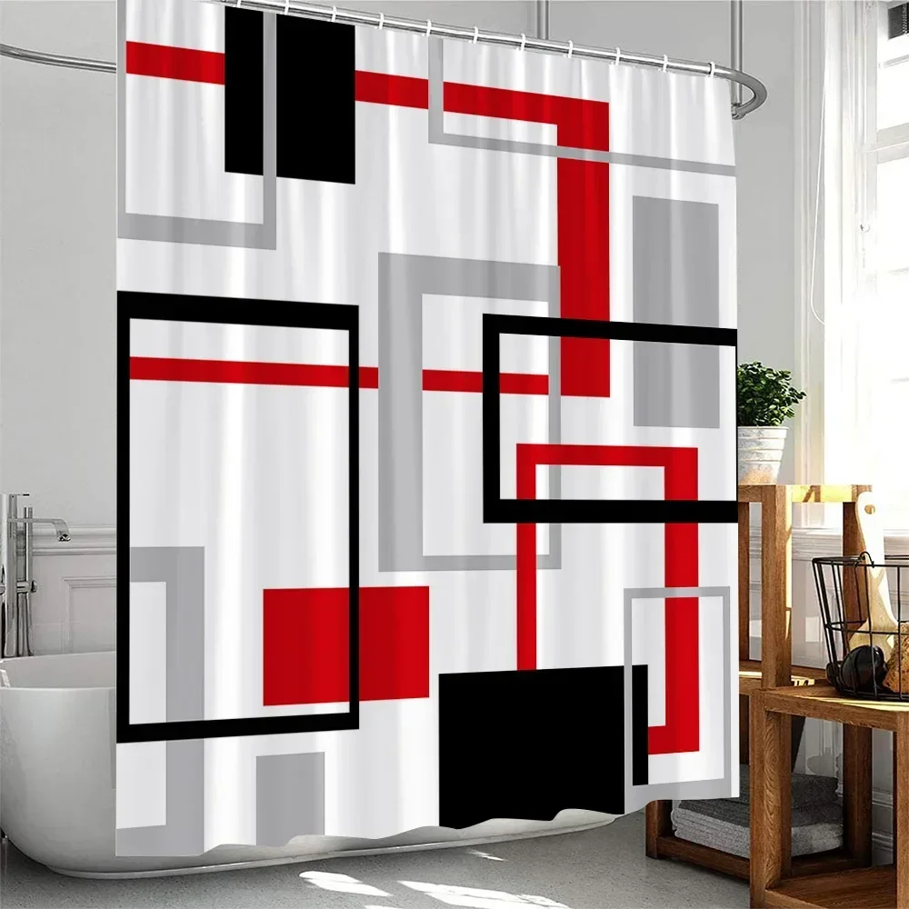 Creative Geometric Shower Curtains Red Black Grey Striped Splicing Modern Minimalist Bathroom Decor Polyester Bath Curtain Hooks