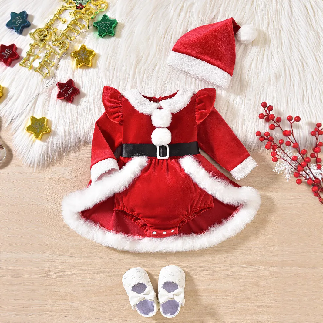 Somenie Cute Baby Girl Romper‑Dress, Fluffy Patchwork Outfit for Christmas Birthday Holiday Party Dress‑Up