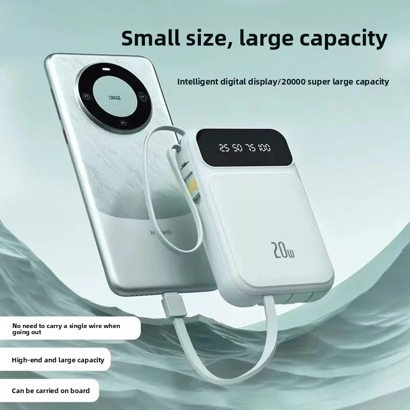 High-Quality New 20W 20000mAh Power Bank for Apple and Huawei Ultra-thin Compact and Portable Power Bank with Built-in Cable