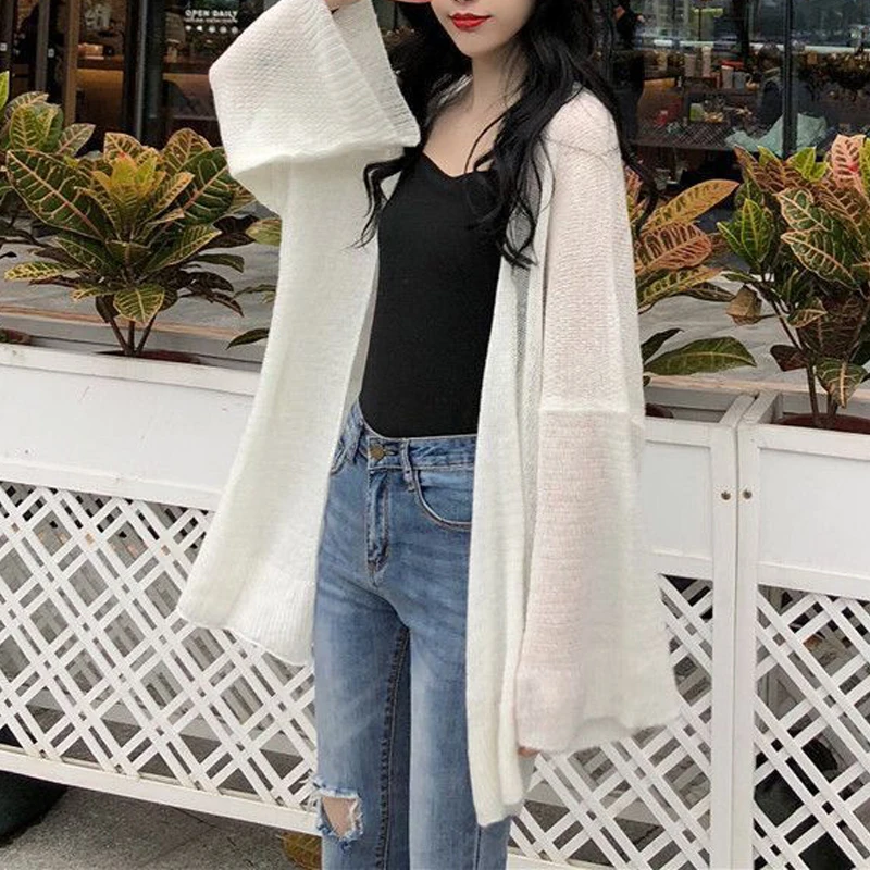 Women Summer Simple Oversized Thin Sun Protection Knitted Cardigan Female Casual Solid V Neck Long Sleeve Tunic Sunscreen Jacket