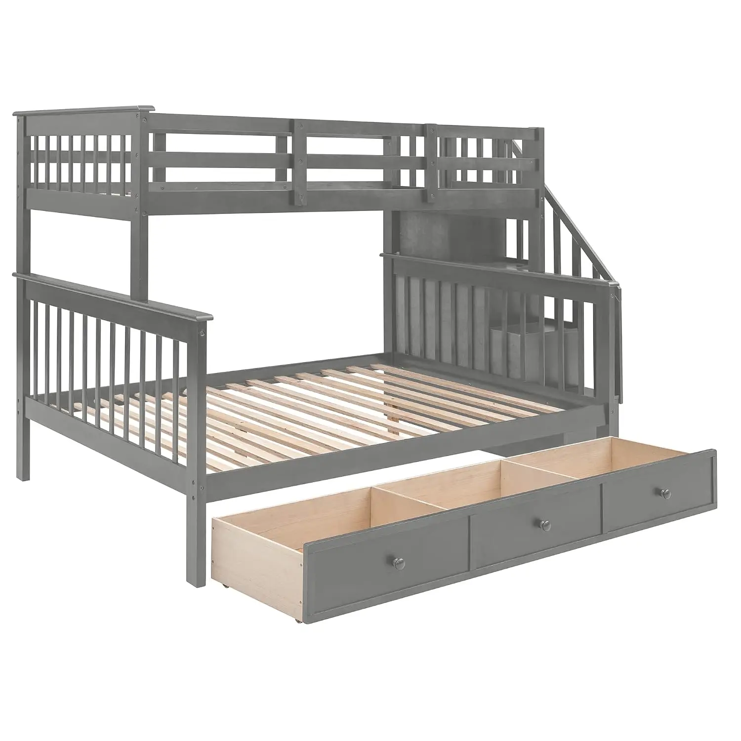 Wood Twin Over Full Bunk Bed with Drawers & Storage Staircase, Convertible to 2 Beds, Space Saving, Gray, Custom image 6