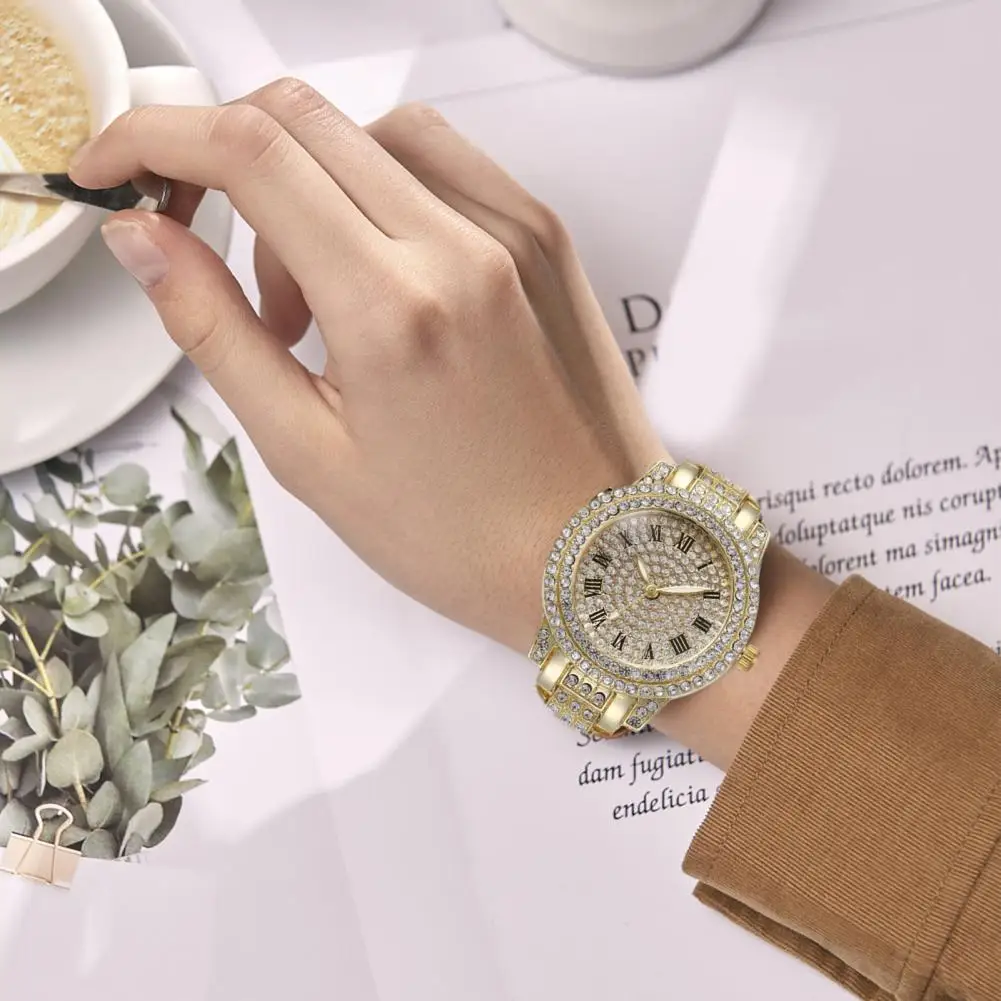 2Pcs/Set Women Quart Watch Rhinestones Circular Dial High Precision Movement Wristwatch With Bracelet Necklace Earrings Ring