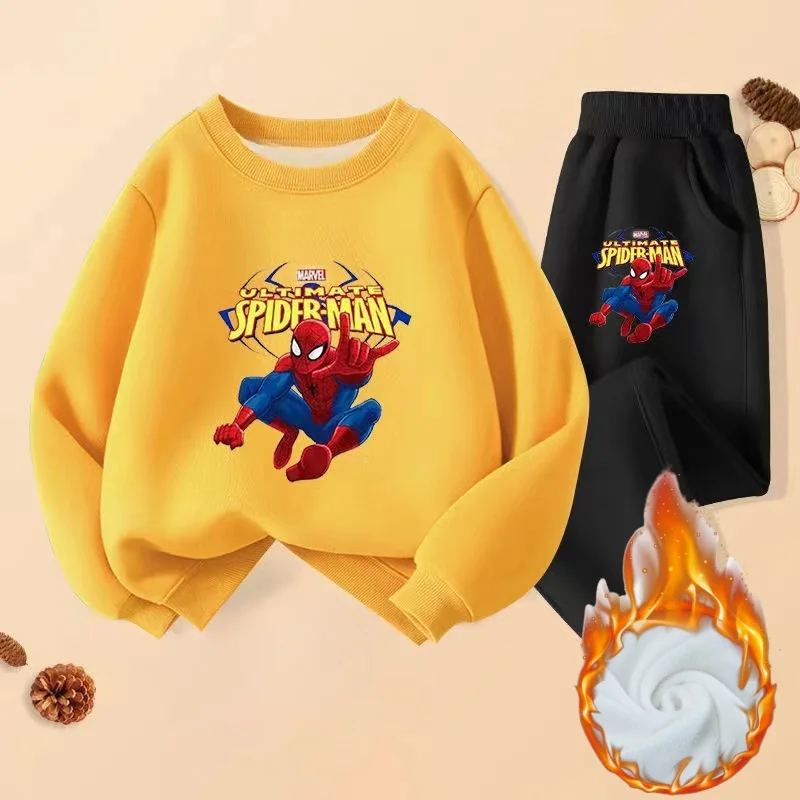 Winter Girl Clothes Set Kid Boy Marvel Spider Man Sweatshirts Pullover & Pants 2pcs Suit Children Long Sleeve Plush Warm Suit