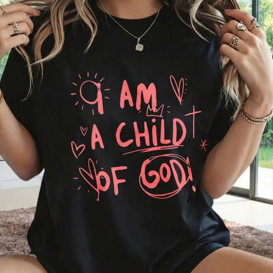 Women Summer Casual Short Sleeve Tops I Am A Child Of God Faith Graphic Print T‑Shirt Inspirational Christian Tee For Daily Wear Friends Gift Church Outfit