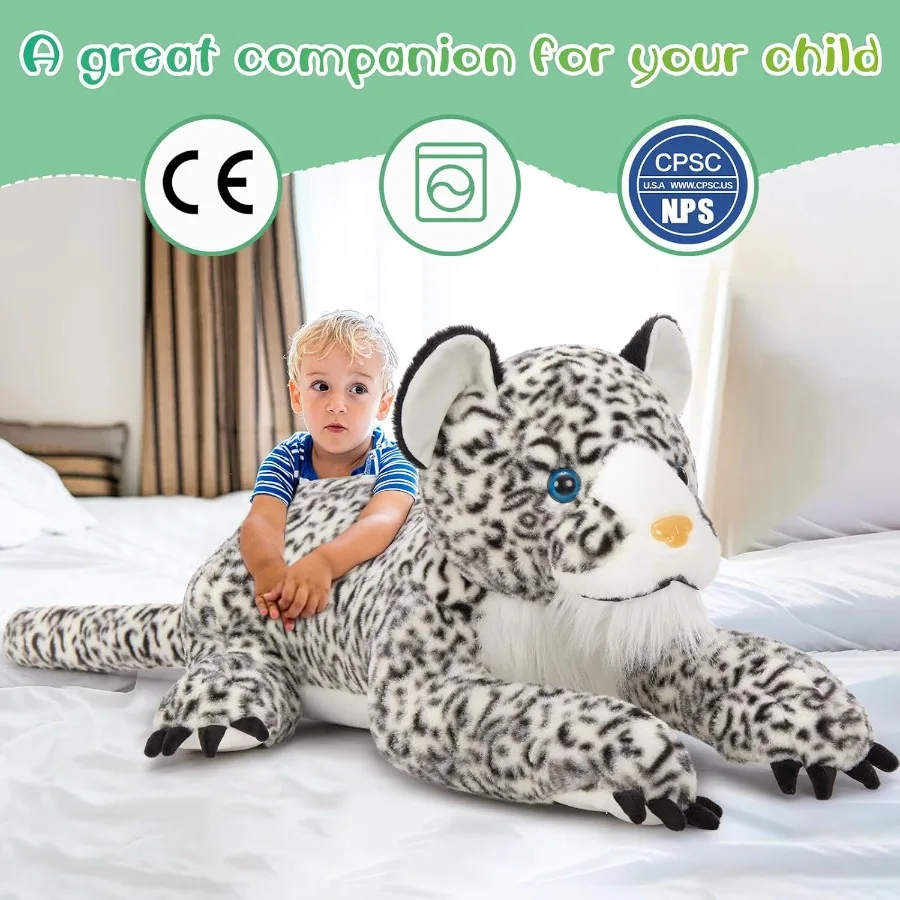 MaoGoLan Riesiges Schneeleoparden-Stofftier-Kissen 47, weiches, flauschiges Geparden-Plüschtier, großes, realistisches Jaguar, verstopftes Weihnachtsgeschenk