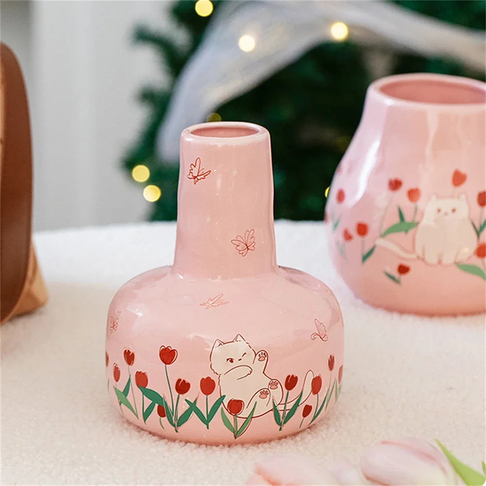 Creative Vase Entrance With Dried Flowers Water Nourishing Fresh Flowers Cartoon Cat Tulip Print Living Room Decoration Vase