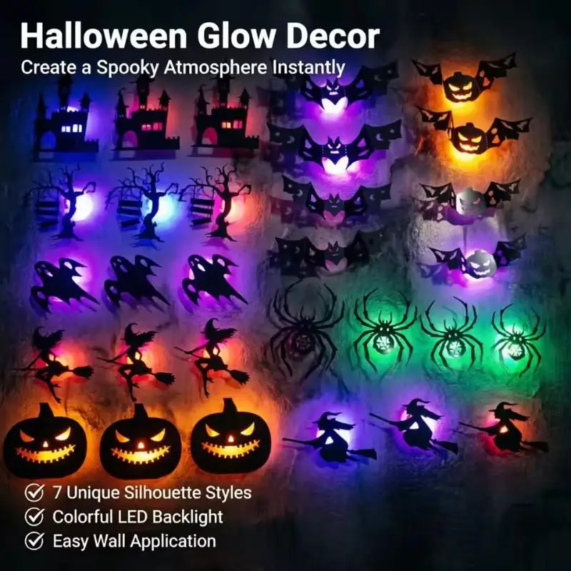 8/30pcs/set LED Halloween Wall Sticker 3D Hollow Night Light Bat Pumpkin, Spider Witch Castle Ghost Party Wall Decoration