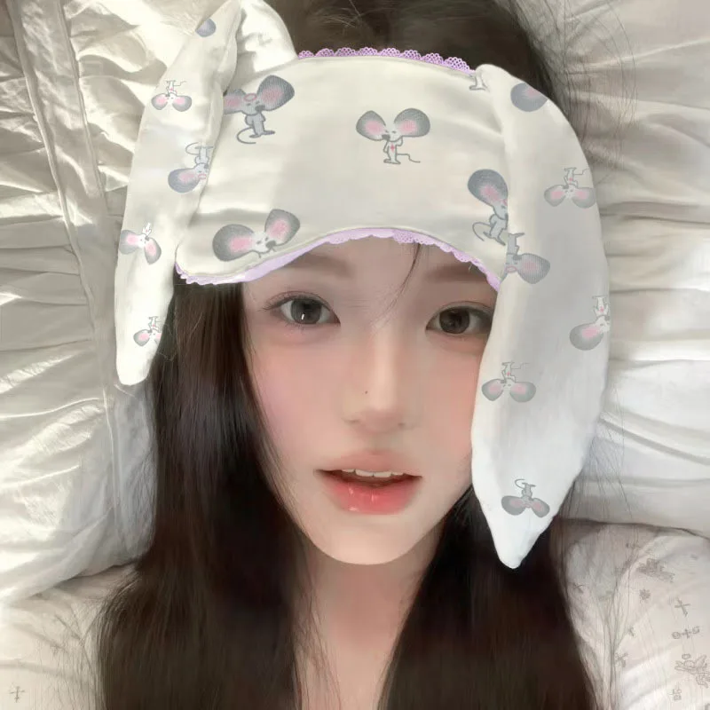Cute Rabbit Eye Mask for Sleeping Sweet Printed Big Rabbit-ear Blackout Eye-mask Lace Hair Band for Washing Face Makeup Daily