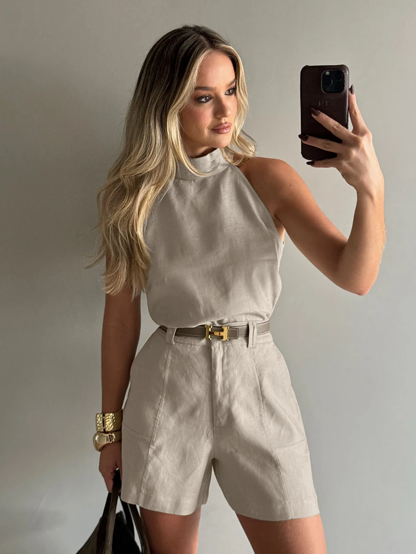 Marthaqiqi Cotton Women Nightwear 2 Piece Suit O-Neck Sleepwear Sleeveless Pajamas Backless Nightie Shorts Casual Nightgowns Set