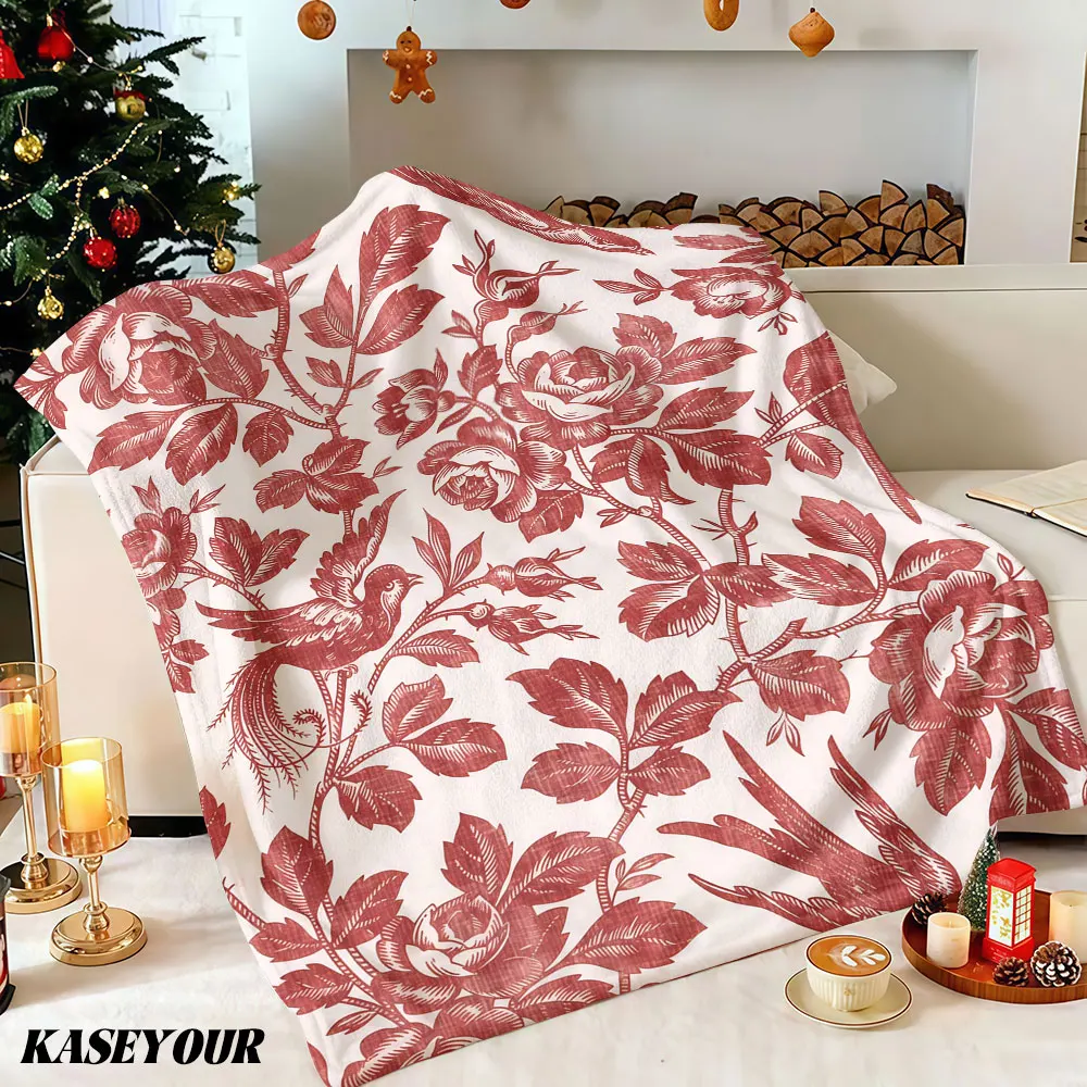 Vintage Red Toile Floral Winter Summer Flannel Blanket Throw Fleece Soft Fuzzy Plush Cozy Fleece Blankets for Sofa Ideal Gifts