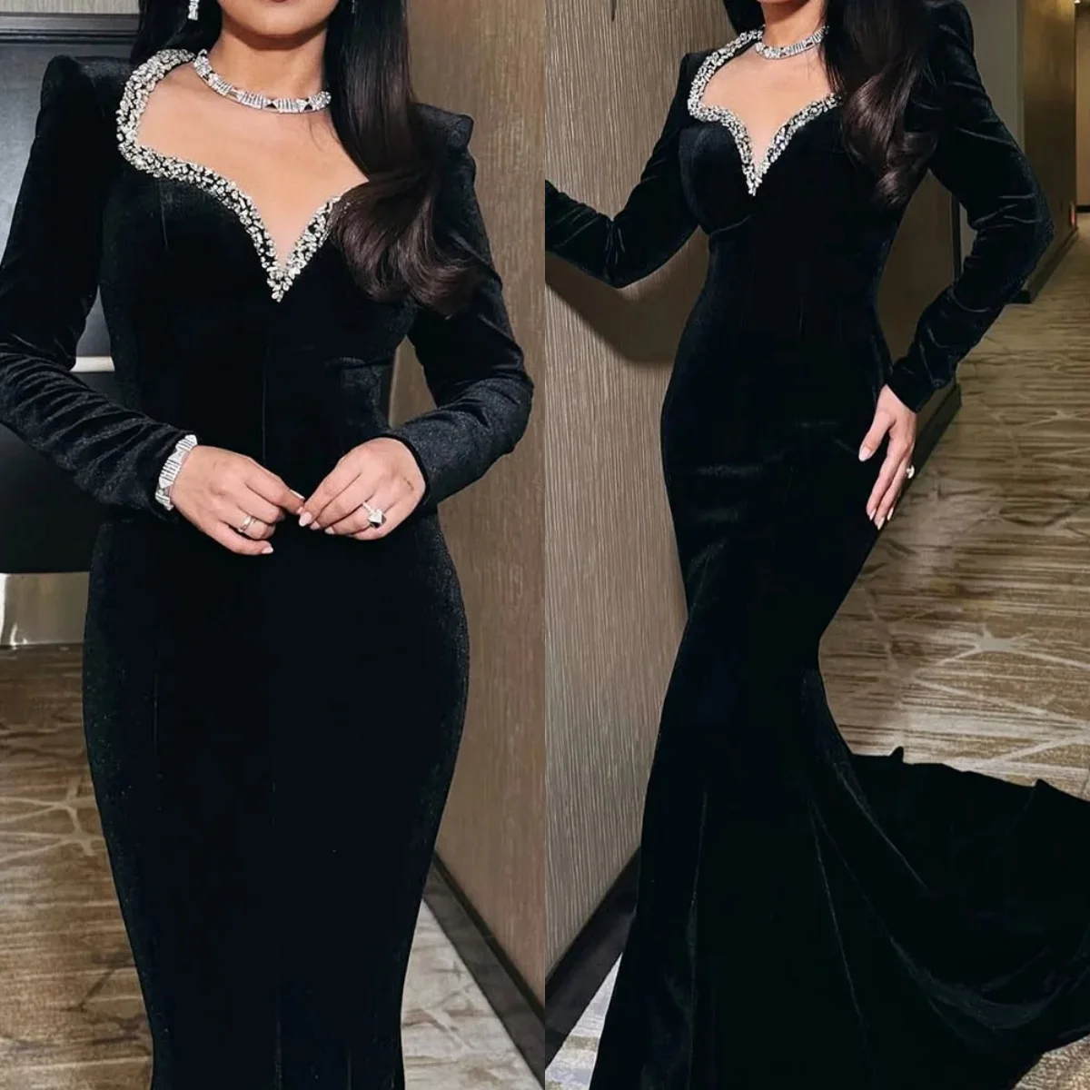 Prom Dress Black Customize Mermaid Sweetheart Floor-Length Beadings Zipper Up Dresses For Special Events Long Dresses Sweep Trai