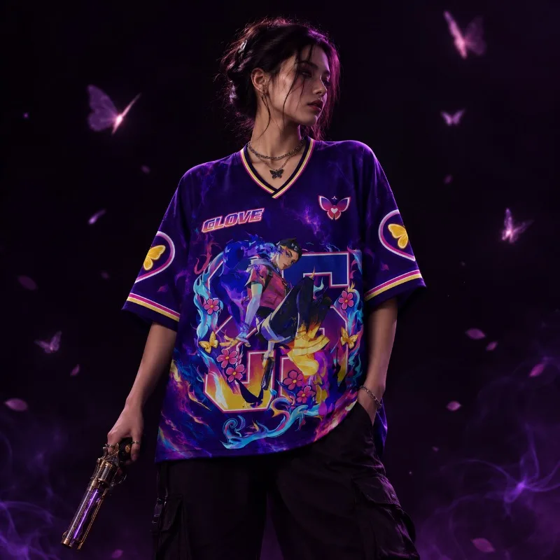 Camiseta de hockey con cuello en V y estampado de mariposas neón, diseño fantástico, con mangas cortas de malla y estampado completo, camiseta unisex de estilo urbano y corte amplio.