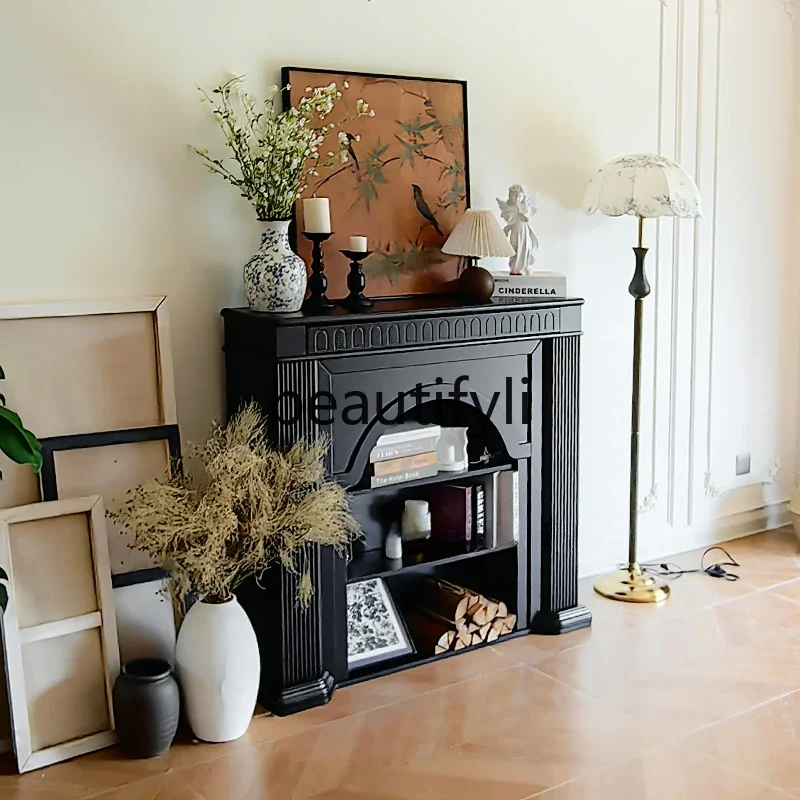 

CFrench retro fireplace cabinet living room medieval entrance solid wood American black decorative cabinet