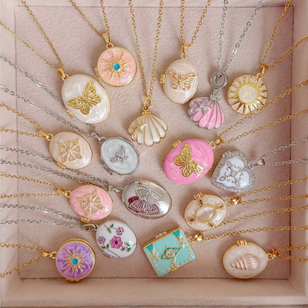 Vintage Enamel Heart Photo Locket Pendant Necklace for Women Minimalist Luxurious Non-Fading Stainless Steel Jewelry Accessory