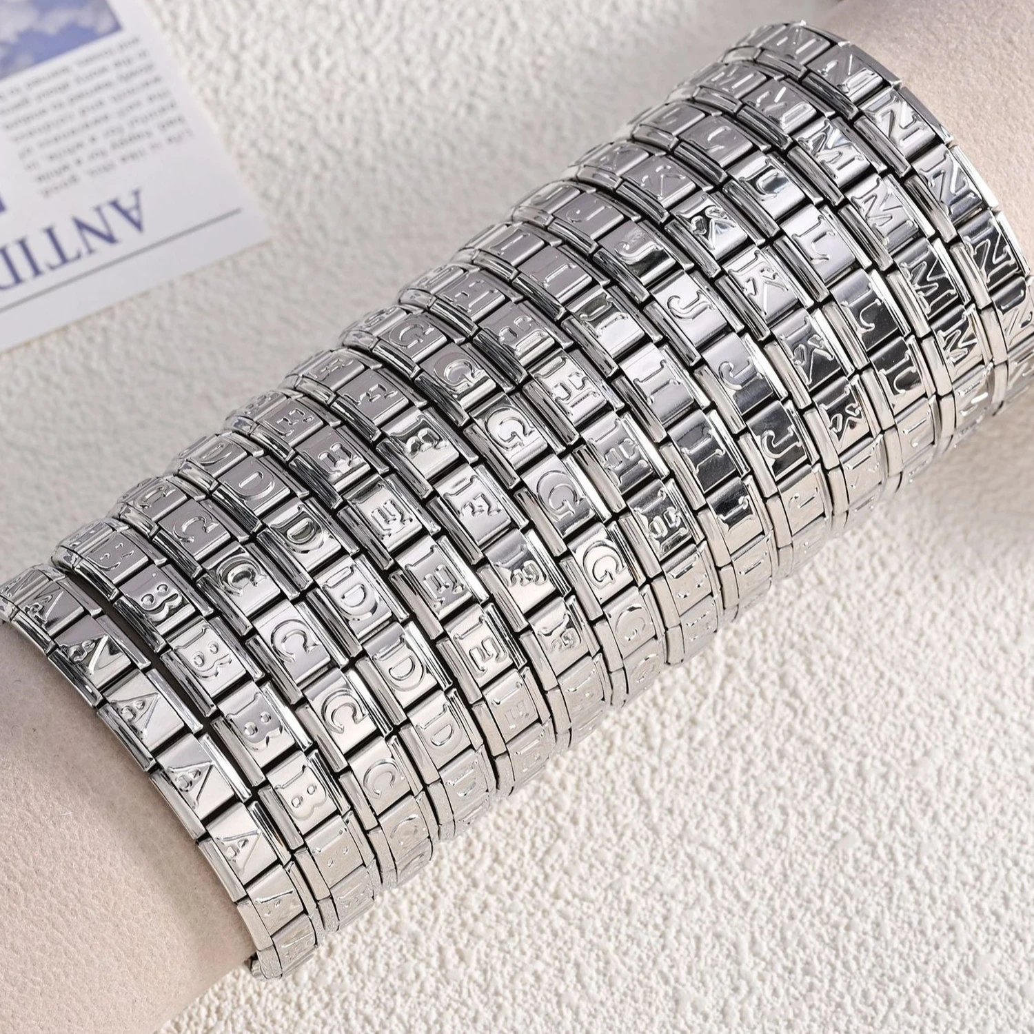 Stainless Steel Letter Stretch Link Silver Alphabet A-Z Letter Tile Charm DIY Custom Name Elastic Module Bracelet Jewelry Gift
