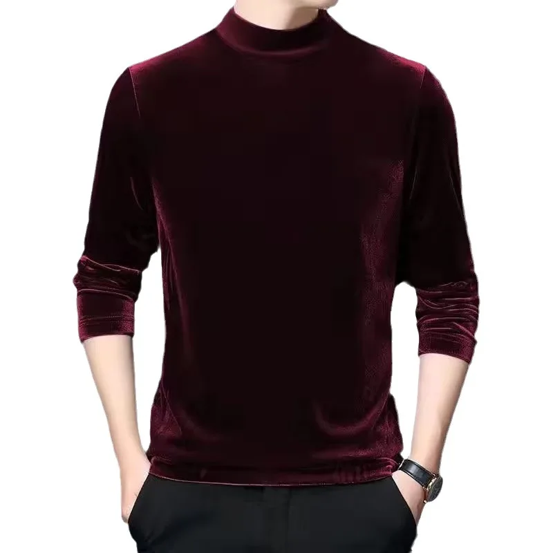 Gold Velvet Tshirt Men\'s Base Shirt Fleece Long Sleeve Shirt Half Turtleneck Pullover Men\'s Warm Top Thicken Oversized T Shirt