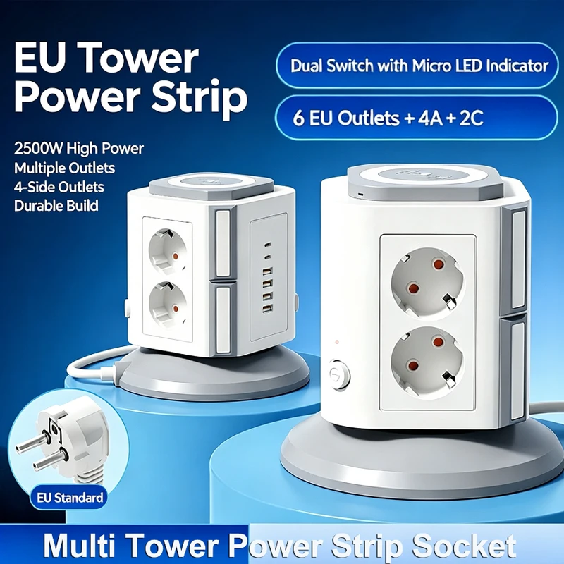 Tower Multi Power Strip Vertical EU Plug 12 Way Outlets Sockets with USB Surge Protector Circuit Protection 1.8m Extension Cord