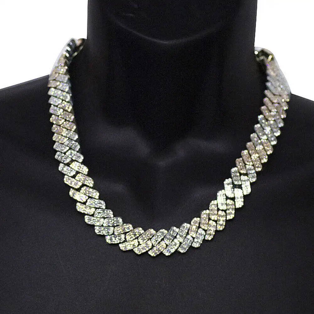 Two-color Heavy 925 Sterling Silver Gold Plated Necklace Hand Setting Emerald Cut 52ct Iced Out Moissanite Cuban Link Chain