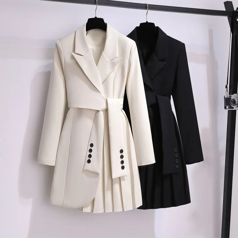 

Pop Elegant Long Blazer Pleated Women Notched Long Sleeve Tunic Sashes Solid Slim Loose Blazers Female Fashion New Spring Autumn