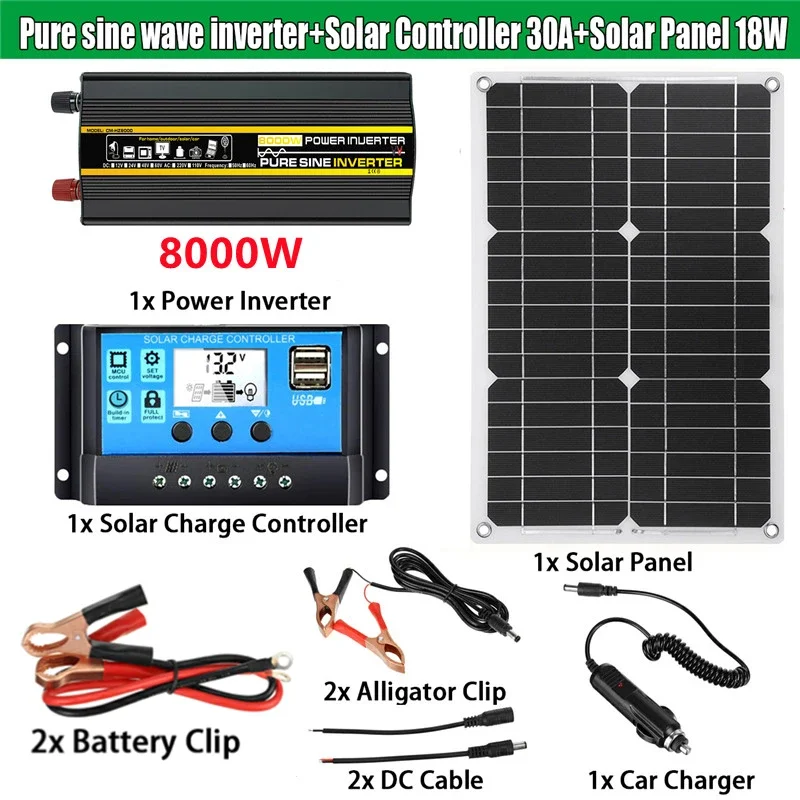 8000W Pure Sine Wave Inverter Solar Panel Kit Complete Power Bank for Car Yacht RV Boat Moblie Phone Battery Charger