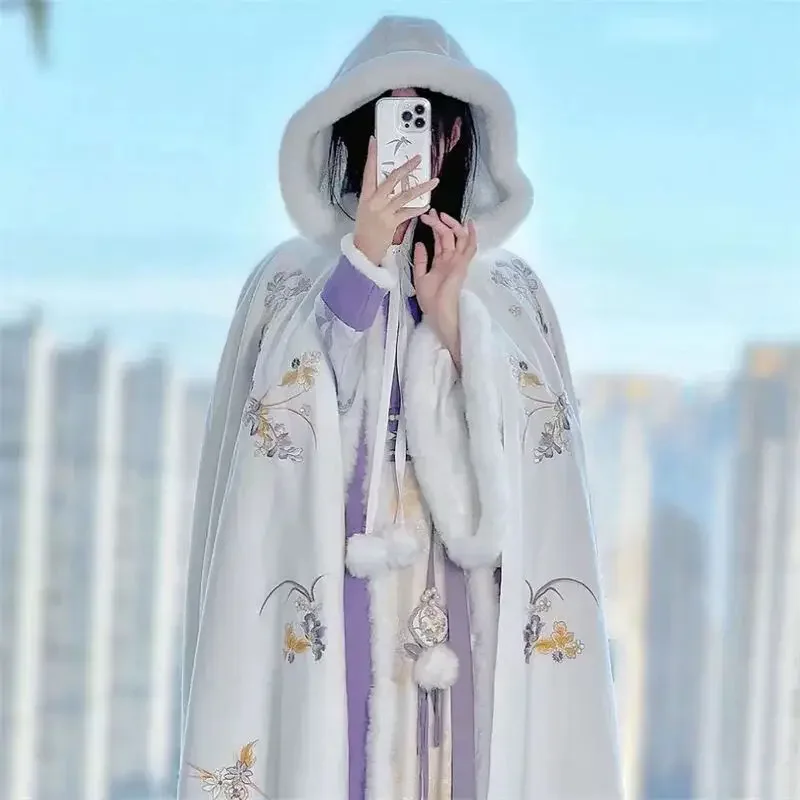 150Kg large size Hanfu autumn and winter new printed fleece warm cape jacket