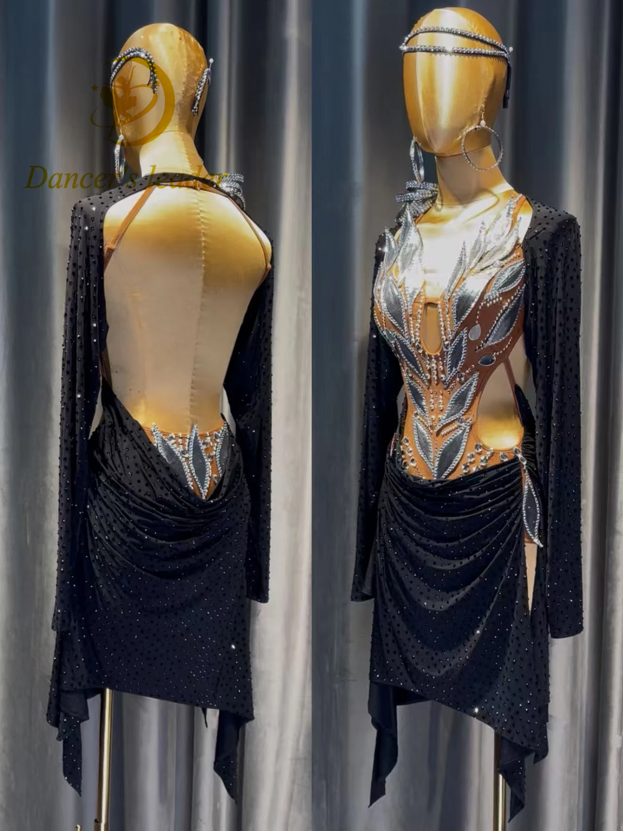 

Латинская танцовщица для взрослых и детей, элитное индивидуальное черное, серебряное полое платье для танго, самбы, AB, платье для выступлений с камнями