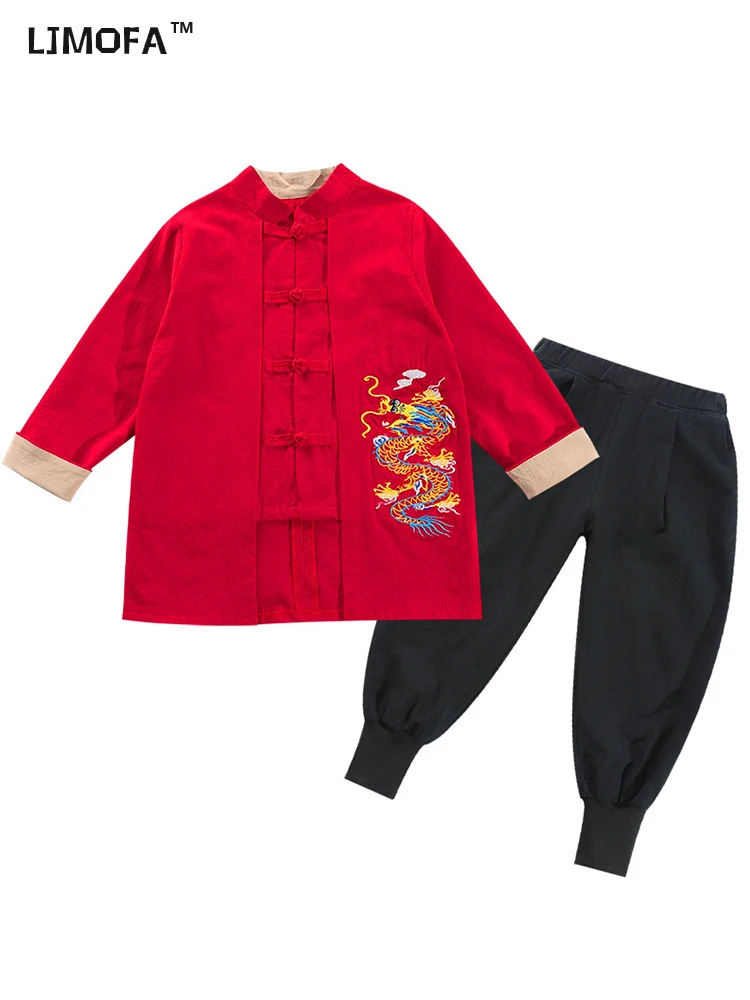 

LJMOFA 2Pcs Boy Chinese Traditional Clothing for Kids Tang Suit Red Spring Festival Hanfu Children Cosplay Birthday Gift T131