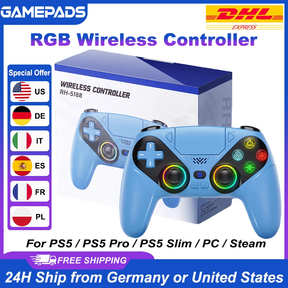 Spiel-Joystick für Playstation 5 PS5 Controller RGB Kabelloser Gaming-Bluetooth-Controller Dual Sense Anti-Drift Makro/Turbo Vibration