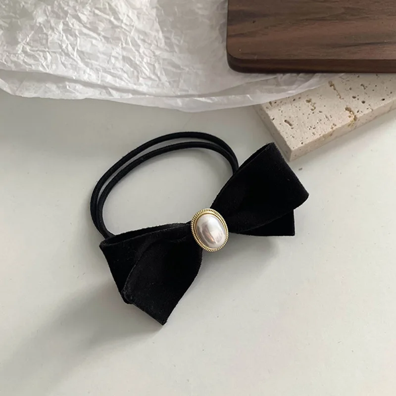 Pearl super elastic velvet simple temperament black head rope bow hair tie rubber band to tie the hair