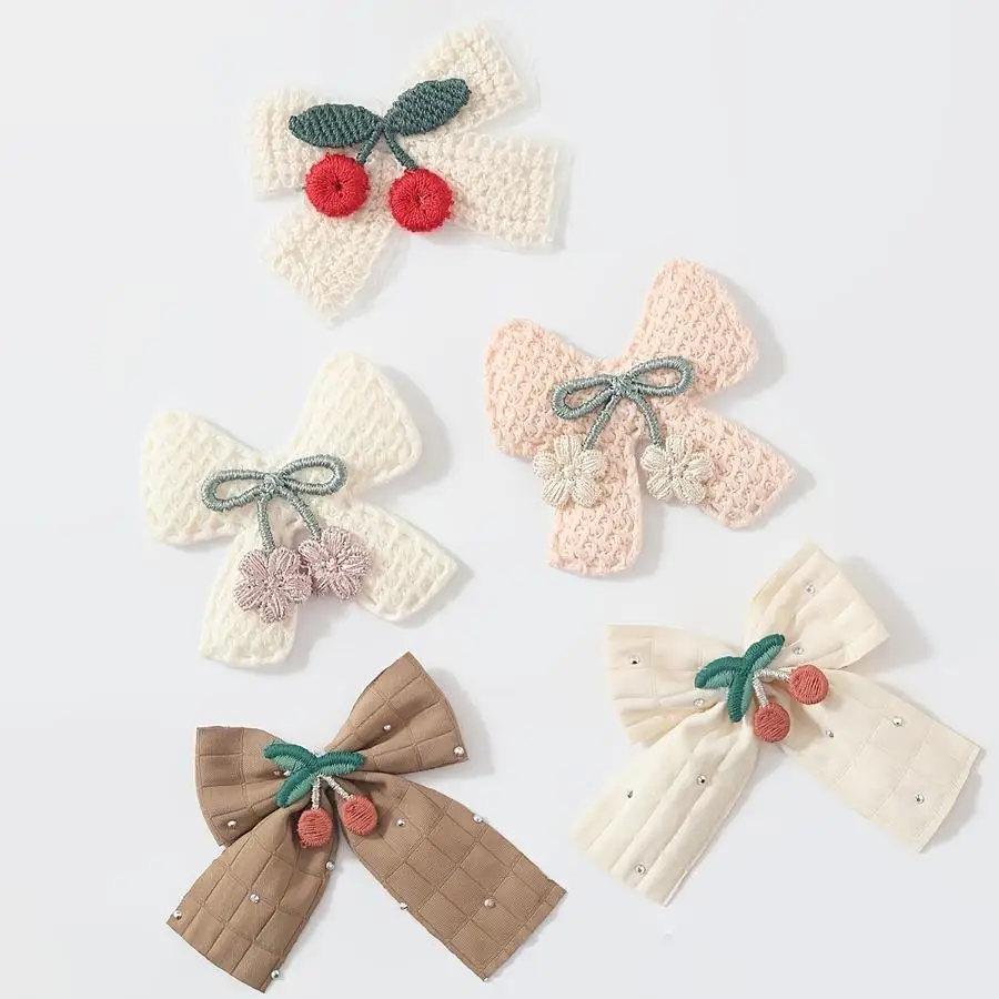 1/5/10/20/50/100pcs Cherry Bows, Embroidered Rhinestone Bows, Fabric Clothing Additions Bow Decorations Hair Accessory Embellish