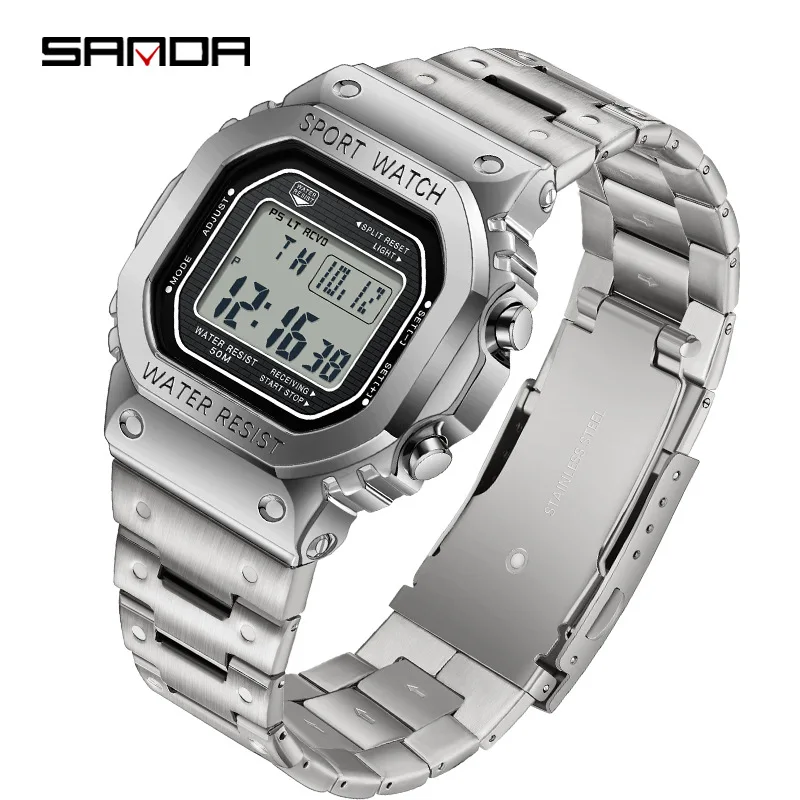 SANDA 2162 Men\'s Electronic Watch Square Waterproof Multi functional Wrist Watch Square Fashion Night Light Steel Digit Watches