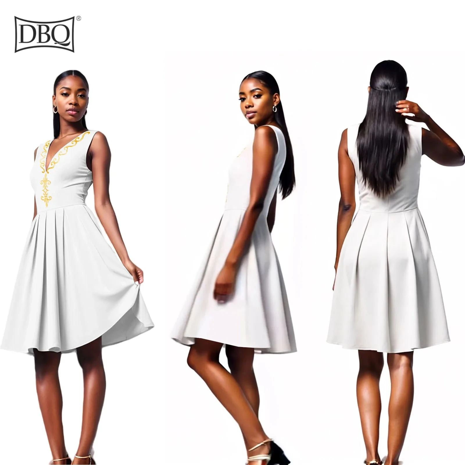 

DBQ African Dresses for Women Gold Appliques Sleeveless Knee Length A Line Casual Dress 42017