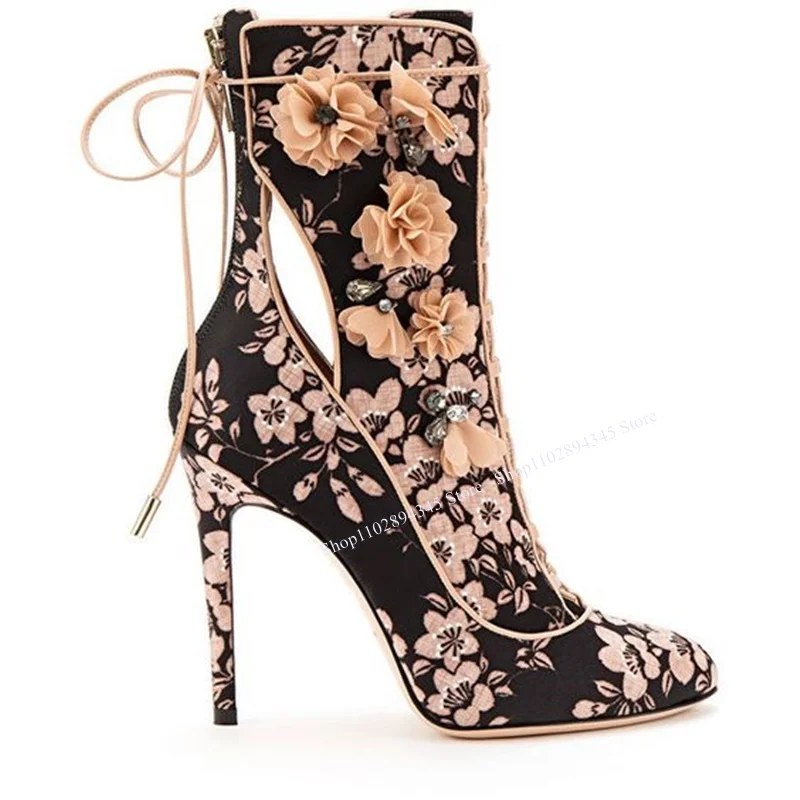 

Black Flower Pattern Lace Up Hollow Boots Pointed Toe Fashion Sexy Cool 2024 Winter Casual Big Size Woman Shoes Zapatillas Mujer