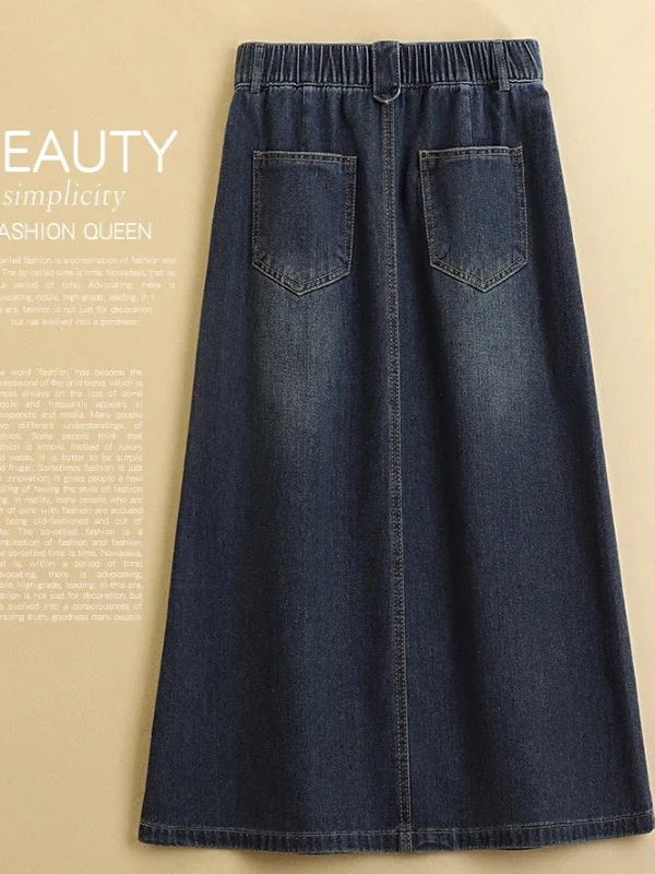 High Waist Midi Denim Skirt Women's Fashionable Versatile Retro Spring Summer New Style A-Line Skirt Commute Pure Color