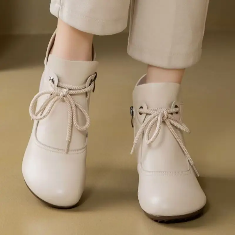 Women's Autumn Winter New Leather Lace Up Ankle Boots Soft Sole Non Slip Round Toe Block Heel Plush Keep Warm Cotton Boots - view 4