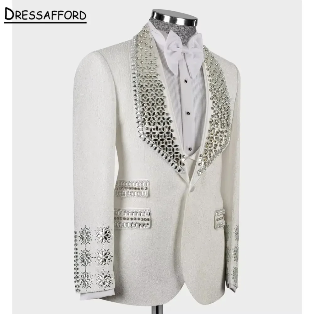 White Jacquard Men's Suits Fashion 2 Pieces Sets Jacket Pants Crystal Diamonds Groom Prom Blazers Decoration Tuxedos Men